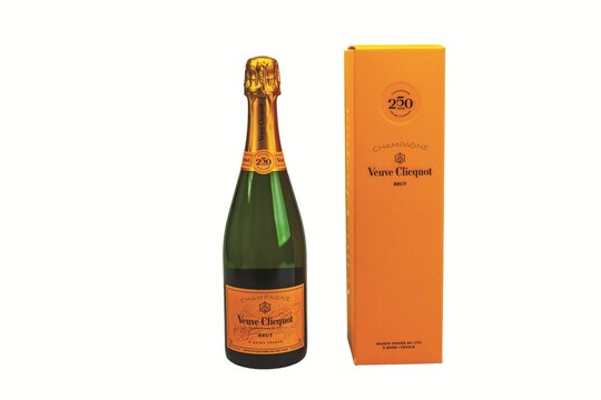 Close up view of Veuve Clicquot champagne bottle and box isolated on white background. Sweden. 