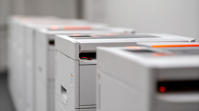 Row of Modern Office Multifunction Printers in a Clean Workspace, Ready for High-Volume Document Production and Digital Workflows