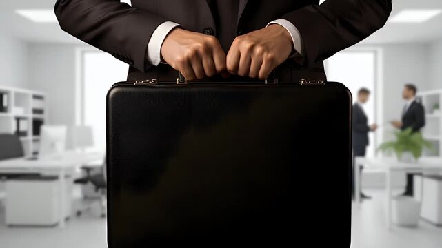 Professional businessman in a sharp suit holding a black leather briefcase while standing inside a modern corporate office environment during a busy day at his professional workplace