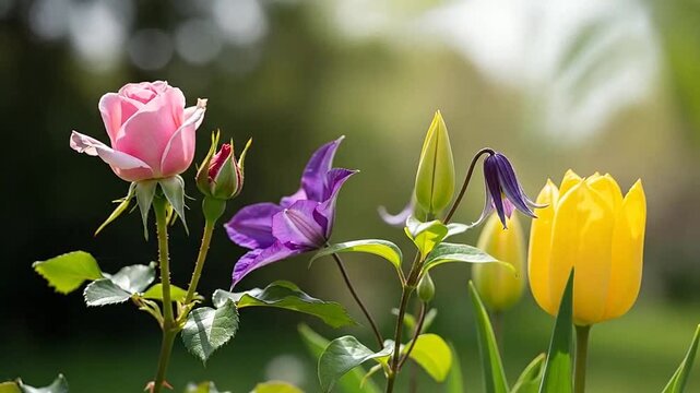 A vibrant collection of colorful spring flowers blooming in a sunny garden setting