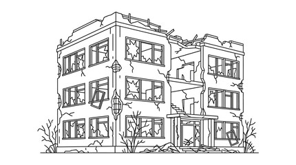 Naklejka premium Damaged Building Facade Drawing.