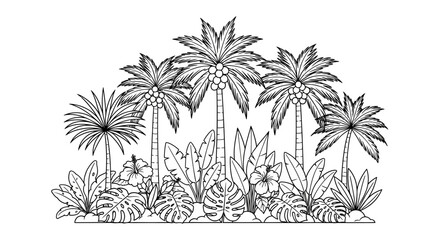 Obraz premium Coloring page of tropical palm trees and exotic plants on white background