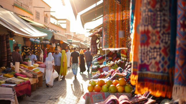 Vibrant market scene at sunset revealing colorful textiles and lively shoppers exploring the bustling streets of Marrakech