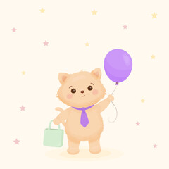 Naklejka premium Kawaii kitten holding balloon on pastel yellow background with stars
