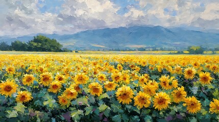 Fototapeta premium Impressionist Oil Painting of a Vibrant Sunflower Field with Mountains