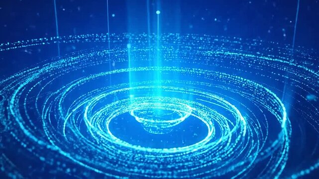 A glowing blue digital vortex swirls with light particles in deep space