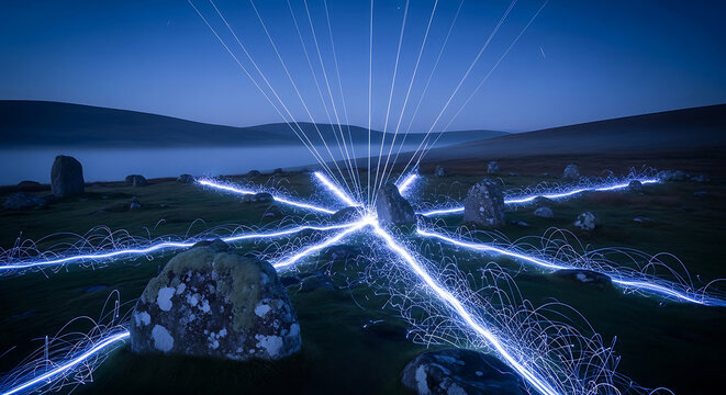 Ancient Stone Circle at Night with Radiant Blue Light Painting Representing HIPAA Compliance Data Privacy Networks and Mystical Ley Lines