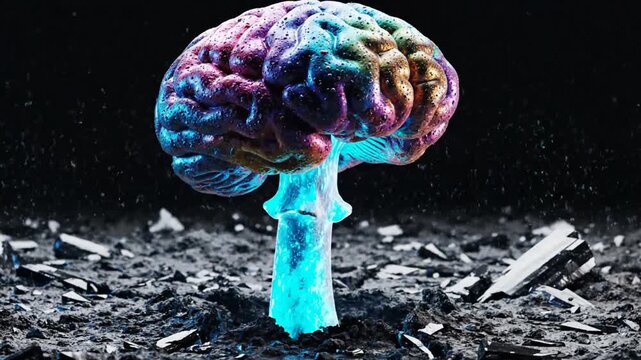 Vibrant colorful human brain on cracked desolate ground in dark setting