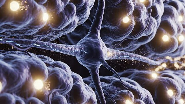 Close-Up View Of Glowing Neuron Surrounded By Neural Cells In Abstract Dark Environment For Medical And Science Themes