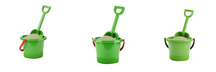 3D Render of Green Toy Bucket with Sand and Shovel Isolated on White Background Premium High Quality PNG Stock Asset Object Graphic Component for Beach © Sorlolve