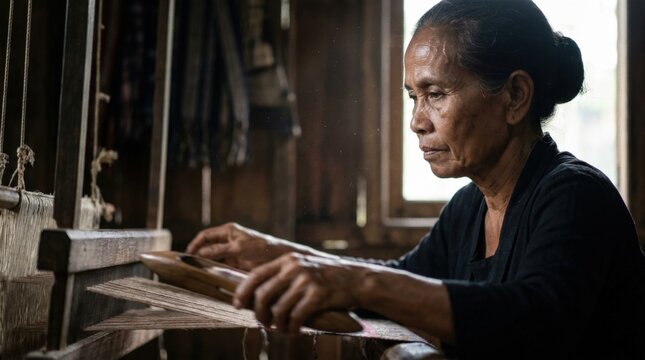 Ancient Sasak Sacred Weaving Aik Berik Elder Woman Working at Loom