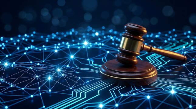 Palu Hakim Digital Melambangkan Keadilan Teknologi dan Hukum Siber yang Terhubung Global