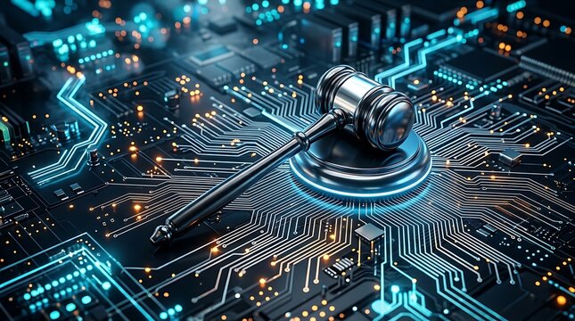 Palu Hakim Di Atas Sirkuit Komputer, Melambangkan Keadilan Digital dan Teknologi Hukum