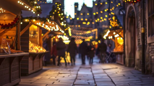 Festive evening stroll through charming market streets adorned with glowing lights and holiday spirit in a cozy town
