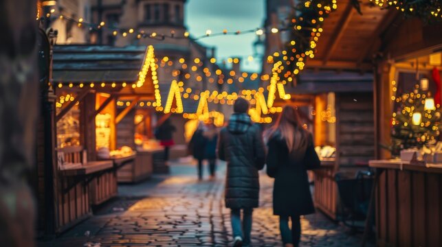 Couples stroll through a charming festive market adorned with twinkling lights during the holiday season