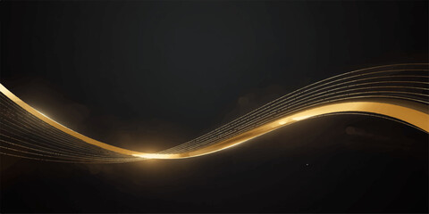 Dynamic abstract background with glowing golden fiber optic lines and wavy motion trails on a solid black backdrop. © Md