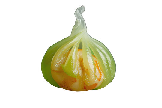 Chinese har gow dumpling with shrimp filling, a translucent green wrapper, and a tied top, on transparent background