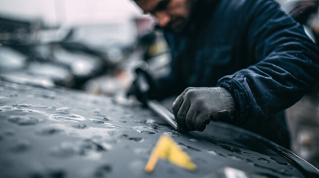 Male Technician Inspecting Hail Damage on Car Roof with Measurement Tool, Focused and Professional.