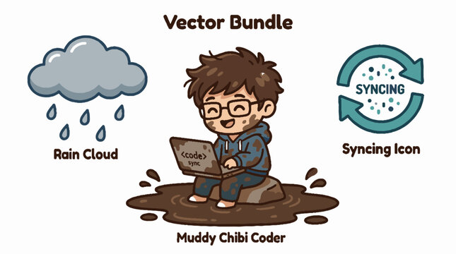 Cartoon boy with glasses coding laptop.