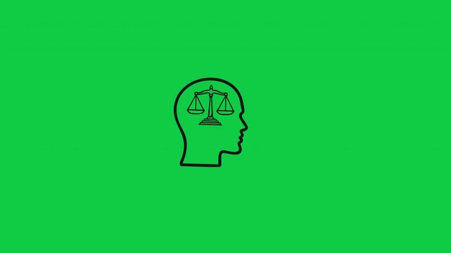 Outline of a human head with a balance scale inside, symbolizing justice, ethics, and balanced thought on a vibrant green background.