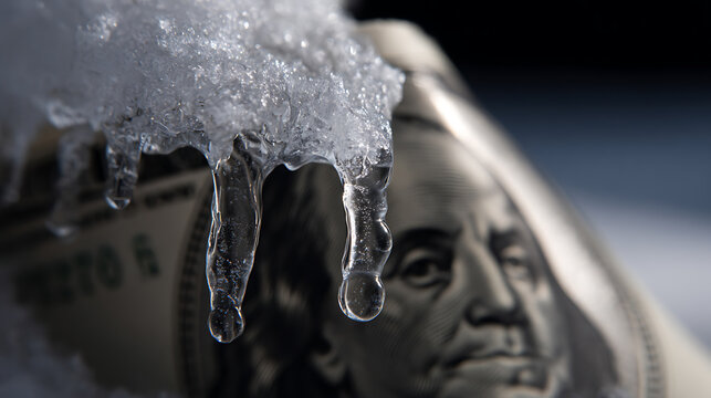 Frozen Finance: Close-up of icicles with a rolled hundred currency note background, symbolizing economic slowdown and financial chill