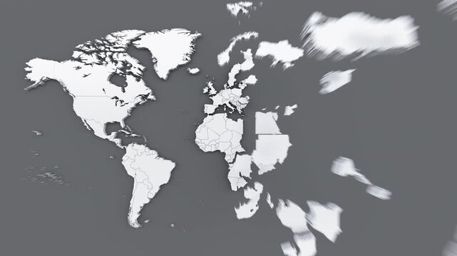 World Map. White 3D countries falling from above and assembling into a complete world map on gray background. Minimal geographic animation with separate country pieces forming a global political map.
