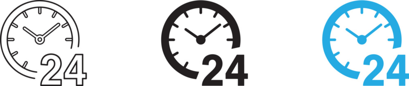 Three variations of a twenty four hour clock symbol displayed as a simple graphic illustration for modern business service branding