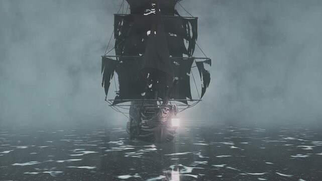 Ghost Pirate Ship In White Fog - Front View - Cursed Haunted Ocean Loop Background Animation