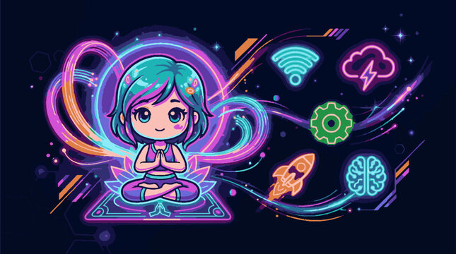 Cartoon girl with blue hair meditating.