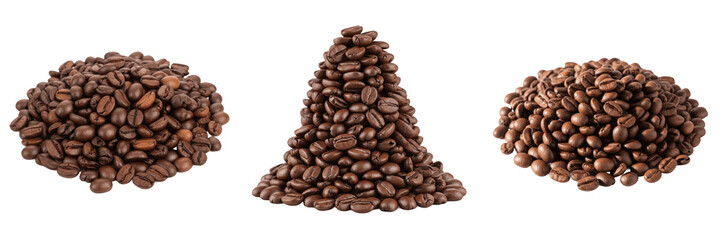 Naklejka premium Perfect Mountain Cone Pile of Roasted Dark Coffee Beans Aromatic Seed Heap Espresso Blend Barista Ingredient Bulk Quantity Asset Isolated on White Background