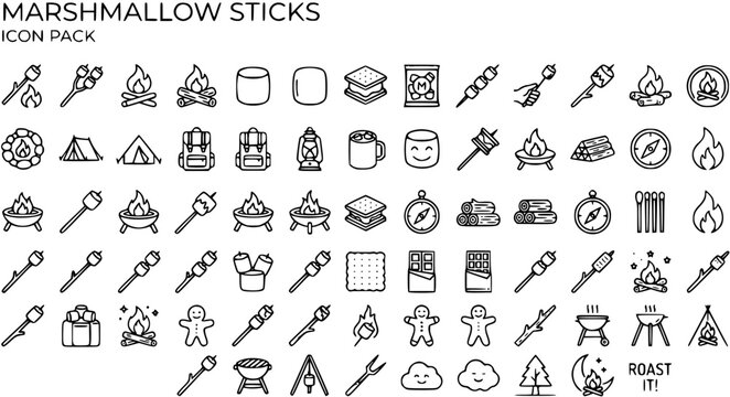 Marshmallow Sticks Icon Pack - Camping and Outdoor Activities Line Art Vector Set