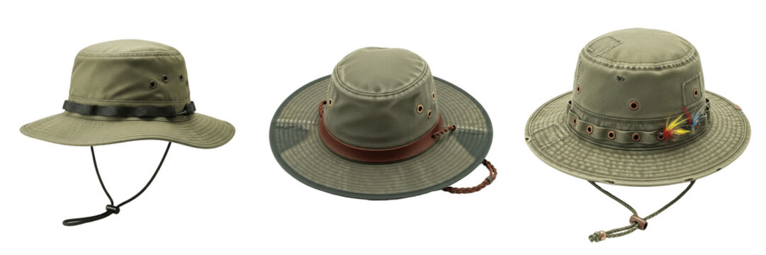 Green Boonie Hat Safari Bush Sun Protection Cap with Chin Strap Outdoor Adventure Hiking Camping Military Style Fishing Gear Asset Isolated on White Background