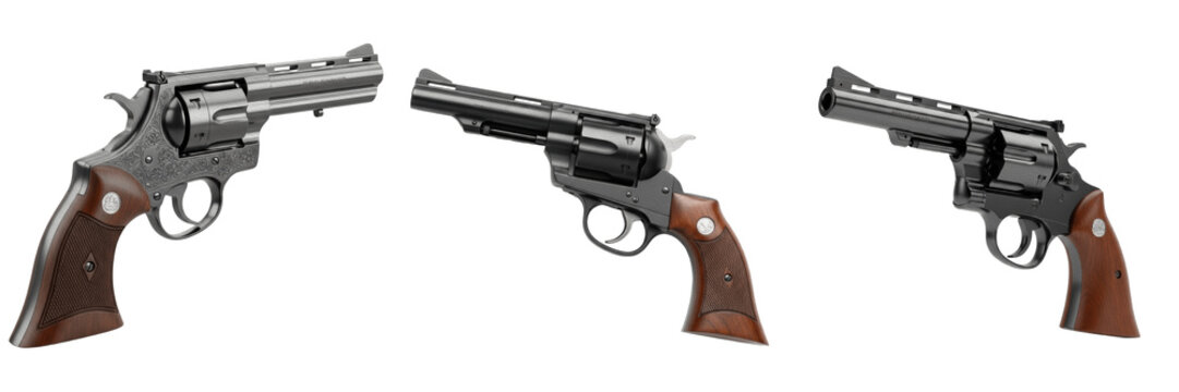 Classic Black Revolver Pistol Handgun Western Firearm Metallic Barrel Wooden Grip Weapon Self Defense Tactical Shooting Equipment Isolated on White Background