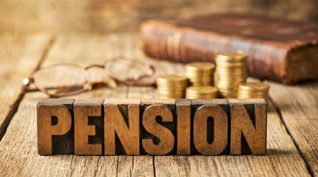 Pension word block with books, eyeglasses and stacks of golden coins on a wooden surface, highlighting retirement and financial security