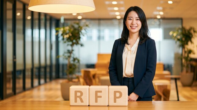 Professional woman in a modern office with RFP blocks. A professional woman smiles warmly in a well-lit office, with three wooden blocks spelling out RFP (Request For Proposal) on a table.