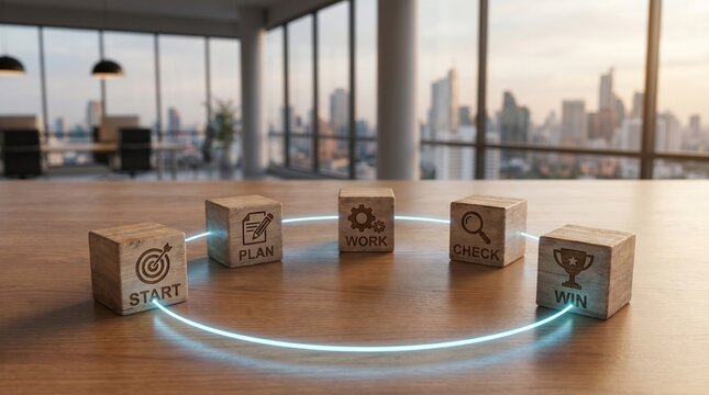 An image depicts the concept of process, featuring wooden blocks on a table, with cityscape background