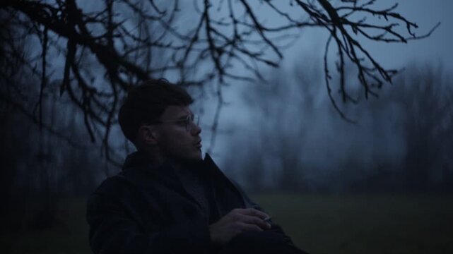 A lonely man smokes in a courtyard at dusk, an arthouse mystical scene