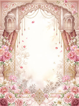 Indian wedding frame with ruby rose flowers and marble arches