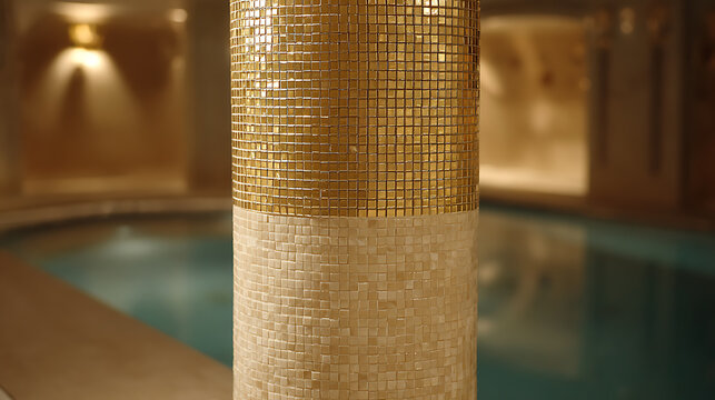 Elegant golden and light mosaic pillar beside serene private pool area; luxurious spa or hotel interior design, warm lighting, tranquil atmosphere