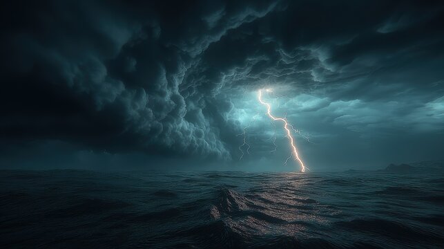 Fantasy wallpaper. A dramatic depiction of a stormy sky over a vast expanse of water. The sky is filled with dark, stormy clouds, and a bright lightning bolt is striking the center.