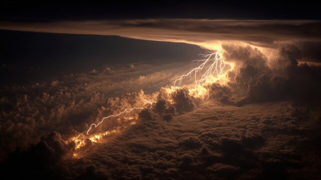 Fantasy wallpaper. A dramatic depiction of a stormy sky, captured from an airplane window. The sky is filled with swirling clouds, illuminated by a bright flash of lightning striking through them.