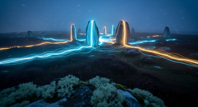 Abstract HIPAA Medical Privacy and Data Security Concept Featuring Glowing Light Trails Connecting Ancient Monoliths in a Digital Landscape