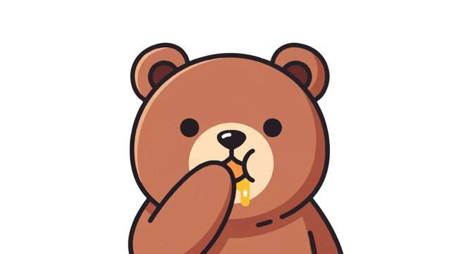 Cute cartoon bear eating honey with a finger.
