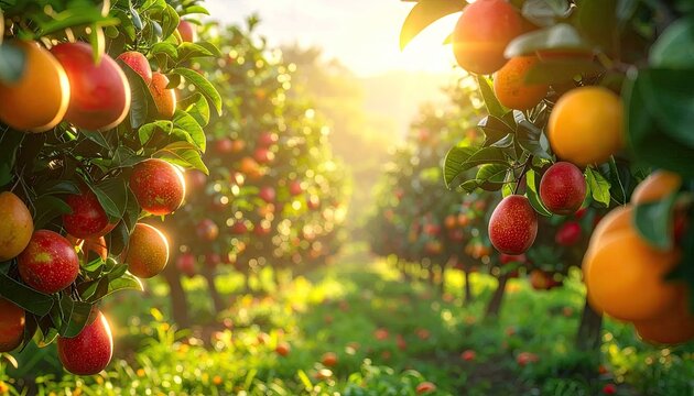 Vibrant orchard scene with ripe fruit hanging on branches bathed in sunlight