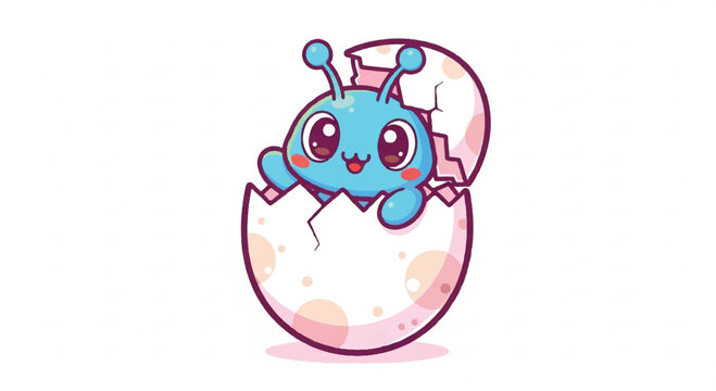 Cute Blue Alien Hatching from Egg.