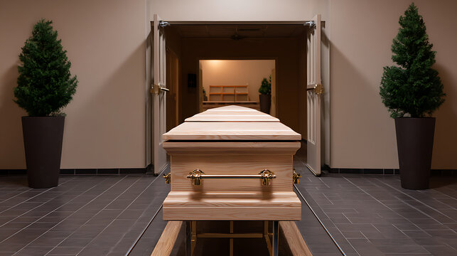 Plain Wooden Casket in a Somber Setting, Funeral Hall with Open Doors, Room with Plant Decor Representing Loss and Remembrance