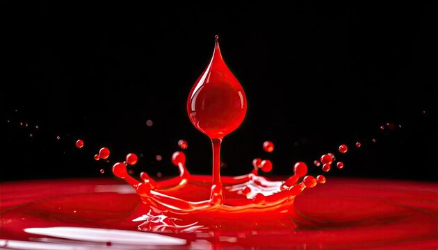 Vibrant red liquid drop and splash against dark background