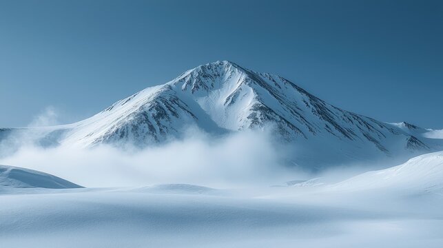 Majestic Snow Covered Mountain Peak Above Low Clouds