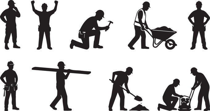 Black silhouettes of construction workers with various tools isolated on transparent background, Vector, illustration