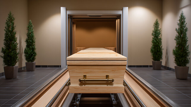 Wooden burial casket on an automated conveyor system, positioned in a quiet room with warm lighting and decorative plants, prepared for funeral service